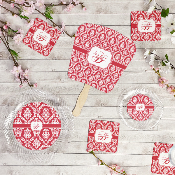 Damask Party Supplies Combination Image - All items - Plates, Coasters, Fans