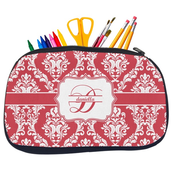 Custom Damask Neoprene Pencil Case - Medium w/ Name and Initial