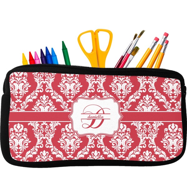 Custom Damask Neoprene Pencil Case - Small w/ Name and Initial
