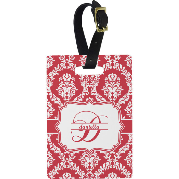 Custom Damask Plastic Luggage Tag - Rectangular w/ Name and Initial