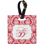 Damask Plastic Luggage Tag - Square w/ Name and Initial