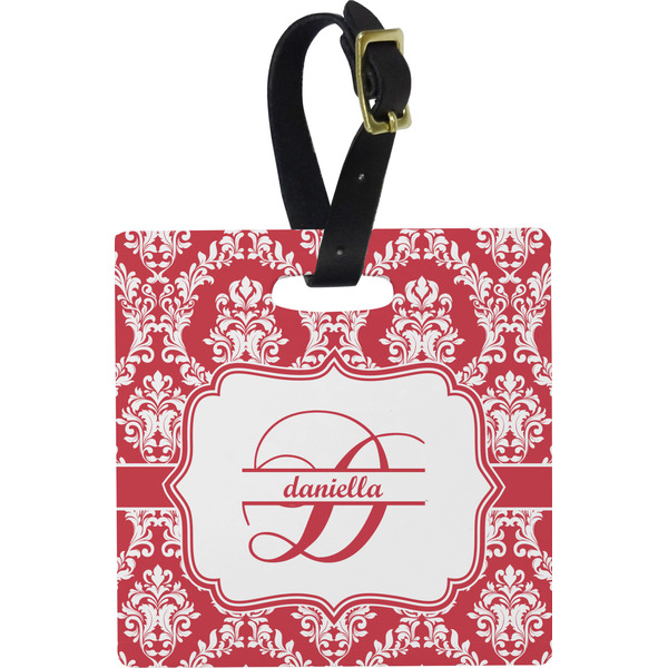 Custom Damask Plastic Luggage Tag - Square w/ Name and Initial