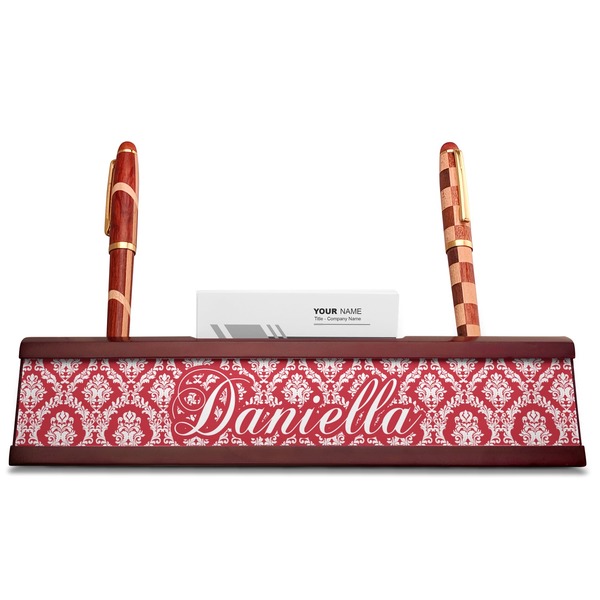 Damask Red Mahogany Nameplates with Business Card Holder - Straight