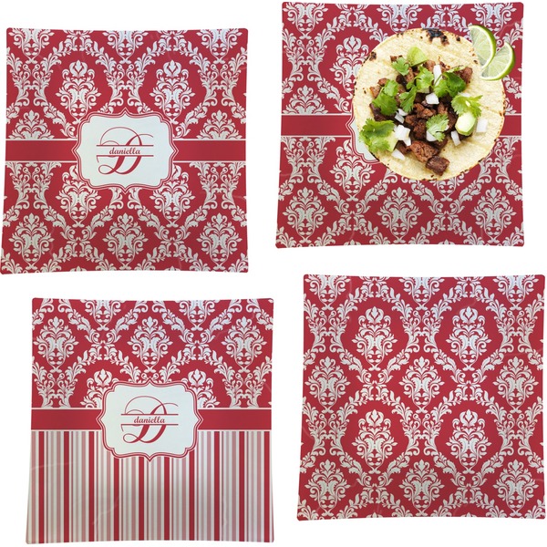 Custom Damask Set of 4 Glass Square Lunch / Dinner Plate 9.5" (Personalized)