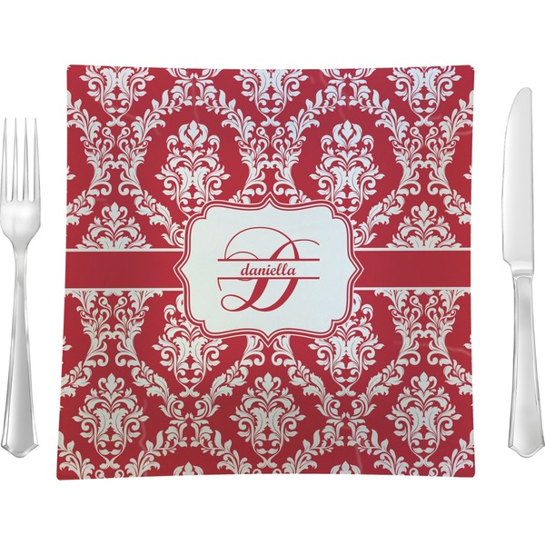 Custom Damask 9.5" Glass Square Lunch / Dinner Plate- Single or Set of 4 (Personalized)