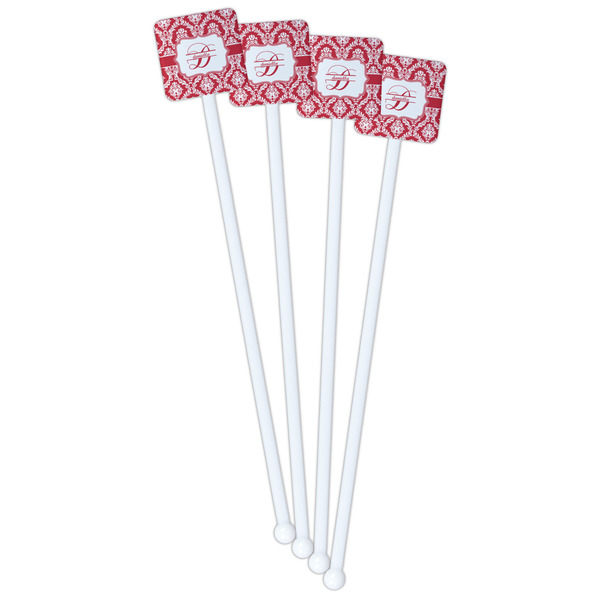 Damask White Plastic Stir Stick - Single Sided - Square - Front