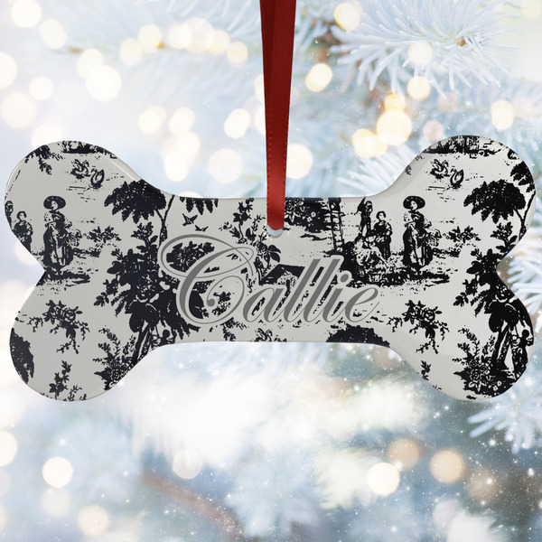 Custom Toile Ceramic Dog Ornament w/ Initial