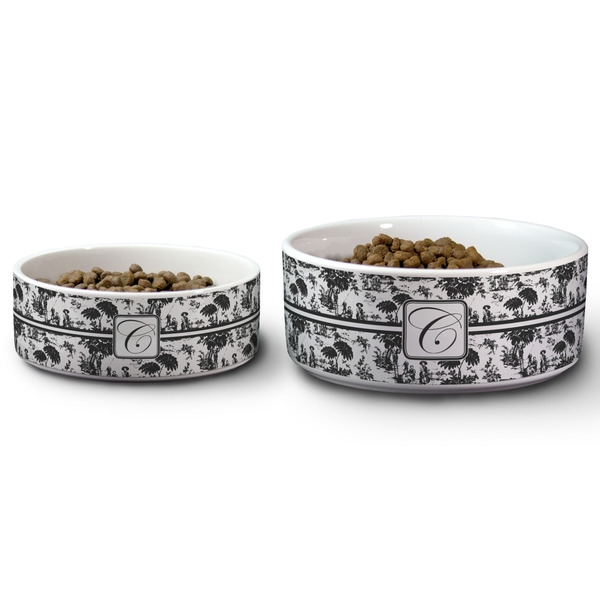 Toile Ceramic Dog Bowls - Size Comparison