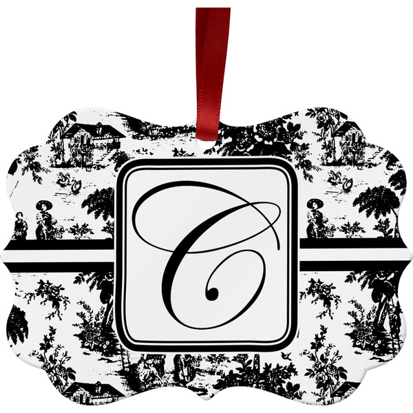 Custom Toile Metal Frame Ornament - Double Sided w/ Initial