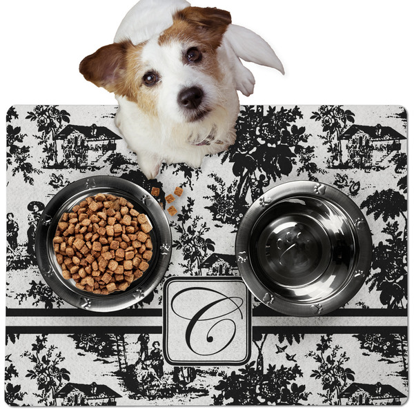 Custom Toile Dog Food Mat - Medium w/ Initial