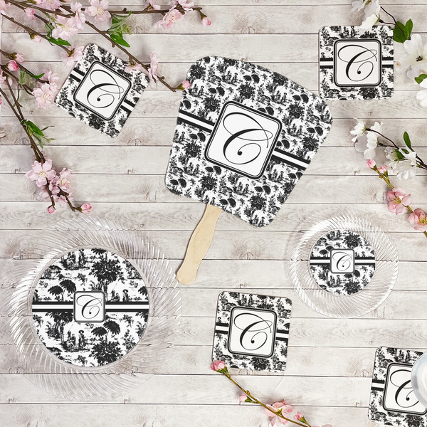 Toile Party Supplies Combination Image - All items - Plates, Coasters, Fans