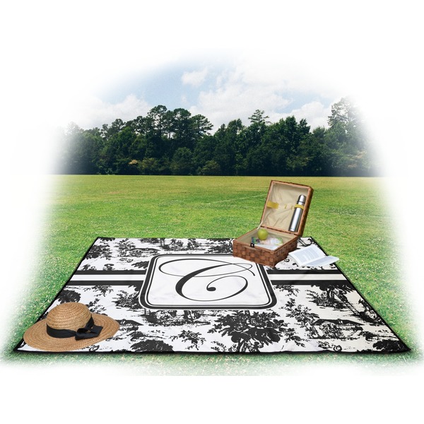 Toile Picnic Blanket - with Basket Hat and Book - in Use