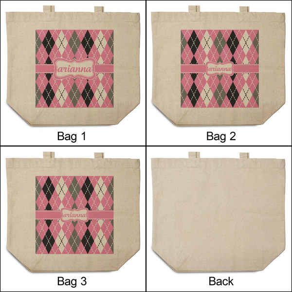 Argyle 3 Reusable Cotton Grocery Bags - Front & Back View