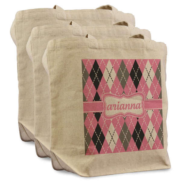Custom Argyle Reusable Cotton Grocery Bags - Set of 3 (Personalized)