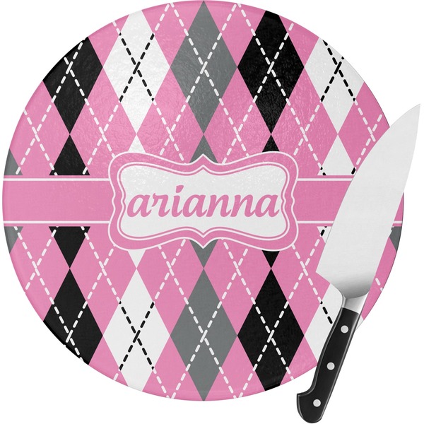 Custom Argyle Round Glass Cutting Board - Small (Personalized)
