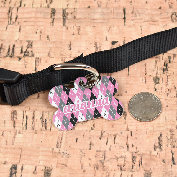 Argyle Bone Shaped Dog ID Tag - Large - In Context