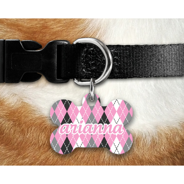 Argyle Bone Shaped Dog Tag on Collar & Dog