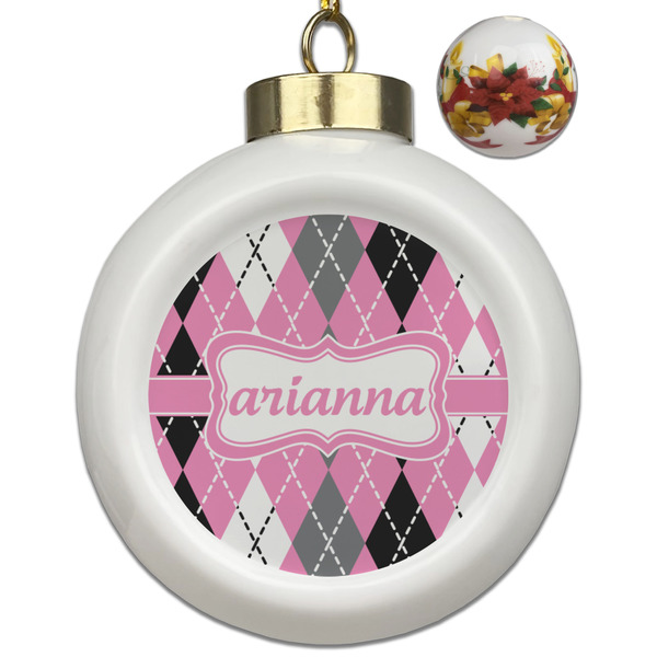 Custom Argyle Ceramic Ball Ornaments - Poinsettia Garland (Personalized)