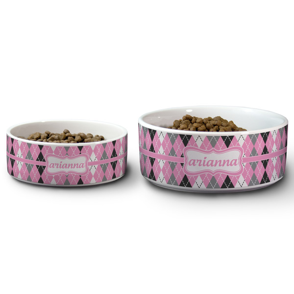 Argyle Ceramic Dog Bowls - Size Comparison