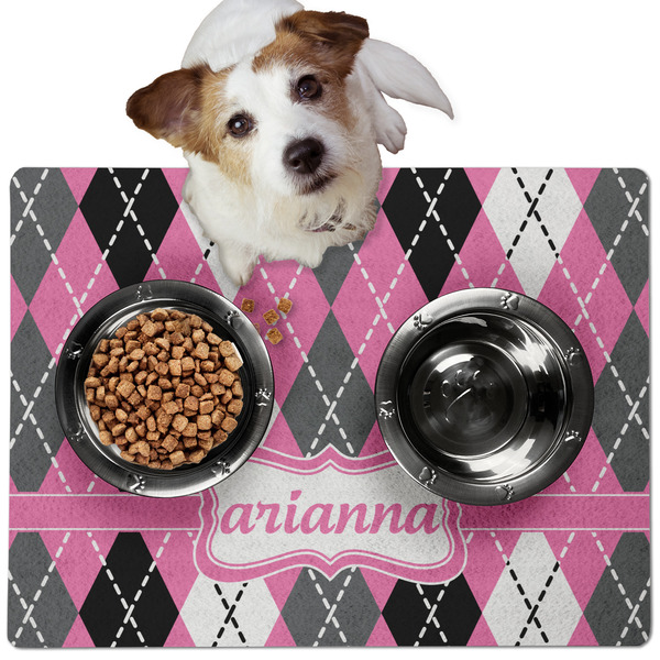Custom Argyle Dog Food Mat - Medium w/ Name or Text