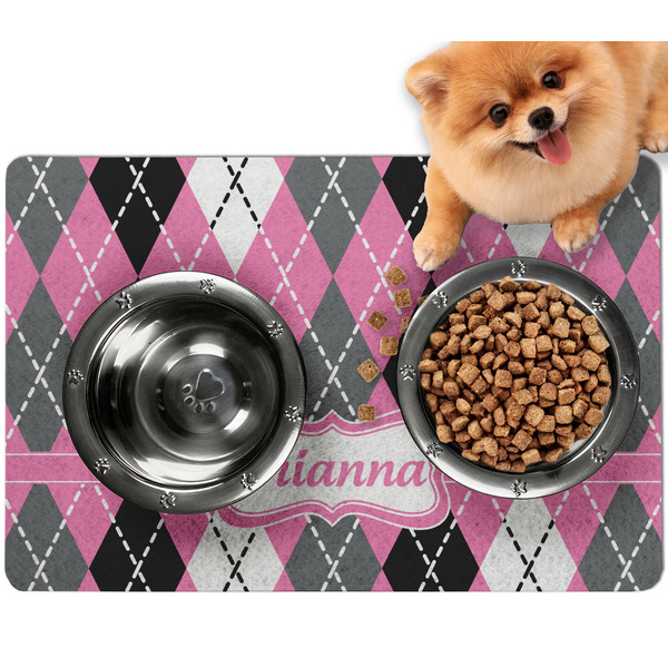 Custom Argyle Dog Food Mat - Small w/ Name or Text