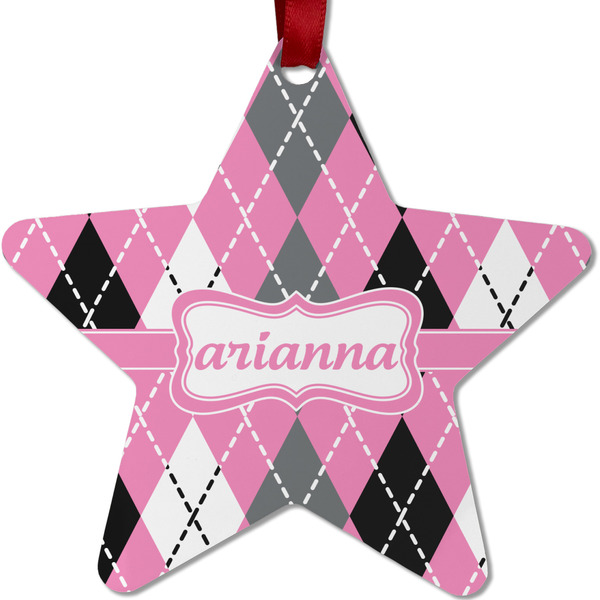 Custom Argyle Metal Star Ornament - Double Sided w/ Name or Text
