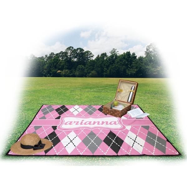 Argyle Picnic Blanket - with Basket Hat and Book - in Use
