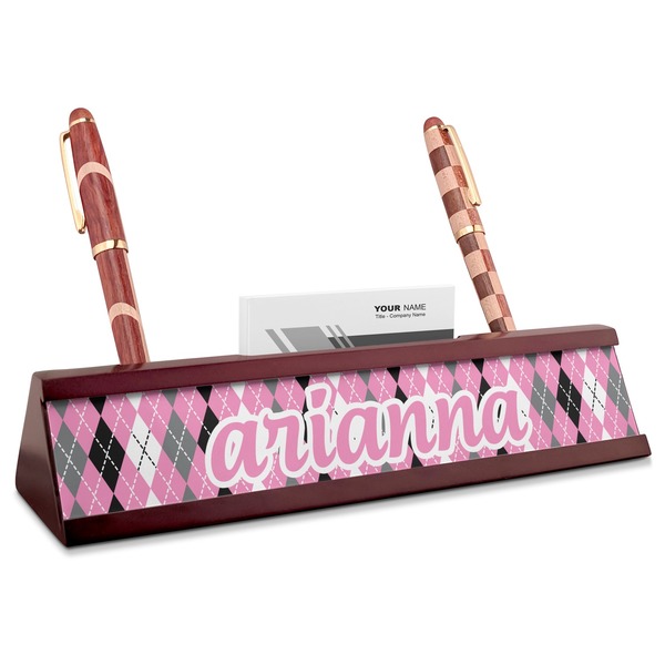 Custom Argyle Red Mahogany Nameplate with Business Card Holder (Personalized)