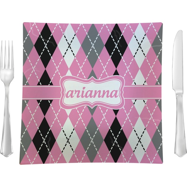 Custom Argyle 9.5" Glass Square Lunch / Dinner Plate- Single or Set of 4 (Personalized)