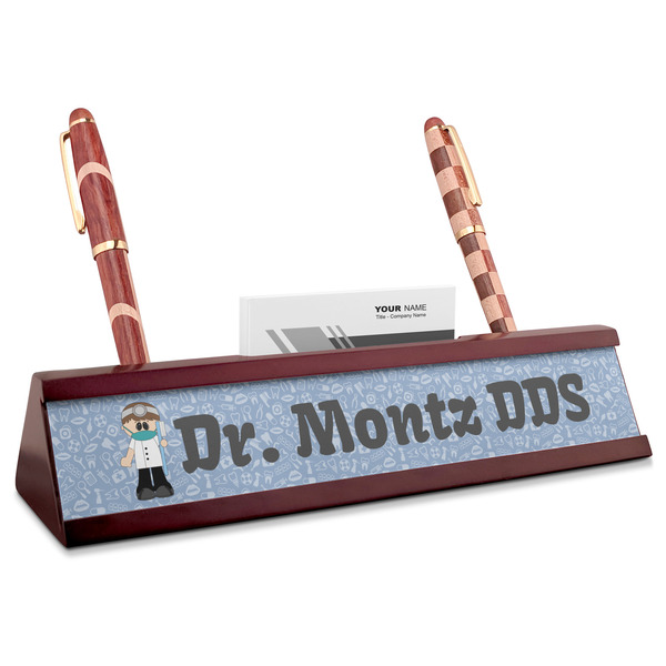 Custom Dentist Red Mahogany Nameplate with Business Card Holder (Personalized)