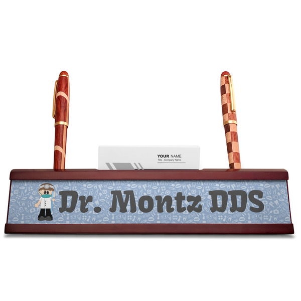Dentist Red Mahogany Nameplates with Business Card Holder - Straight