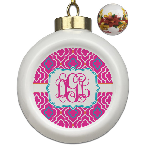 Custom Colorful Trellis Ceramic Ball Ornaments - Poinsettia Garland (Personalized)