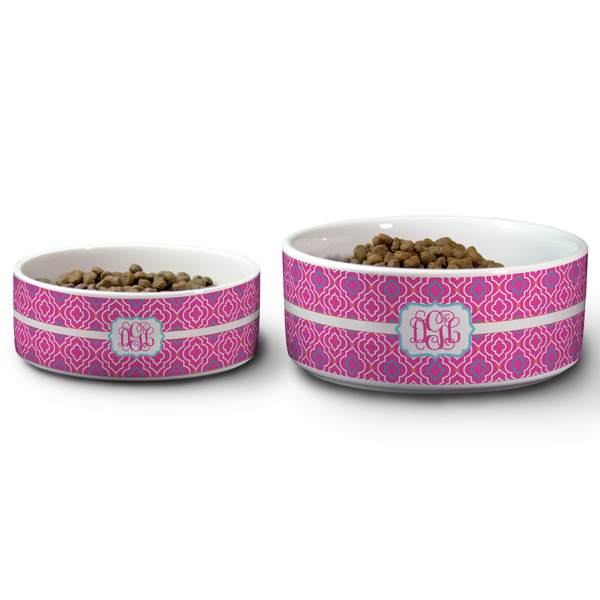 Colorful Trellis Ceramic Dog Bowls - Size Comparison