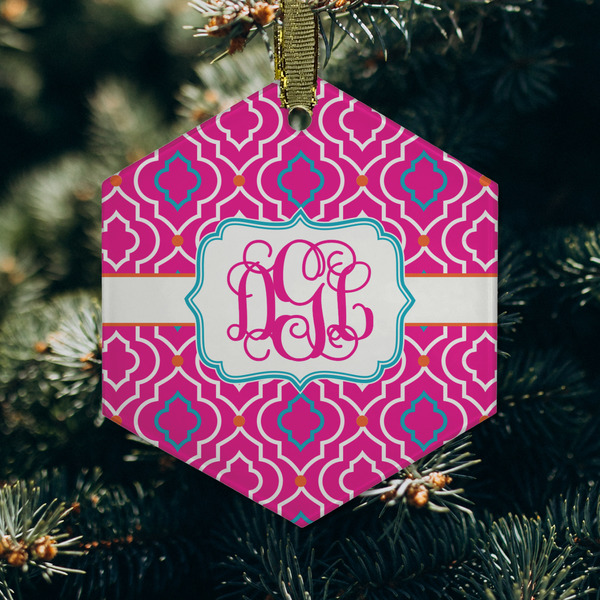 Colorful Trellis Frosted Glass Ornament - Hexagon (Lifestyle)