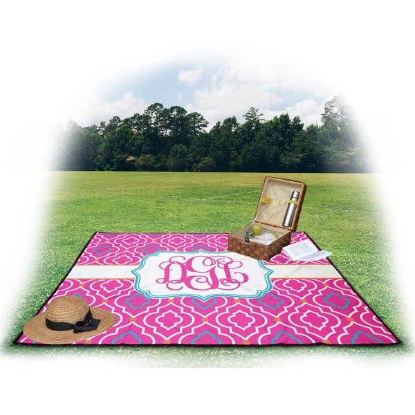 Colorful Trellis Picnic Blanket - with Basket Hat and Book - in Use
