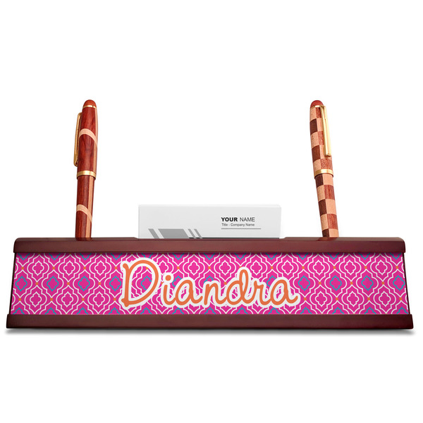 Colorful Trellis Red Mahogany Nameplates with Business Card Holder - Straight