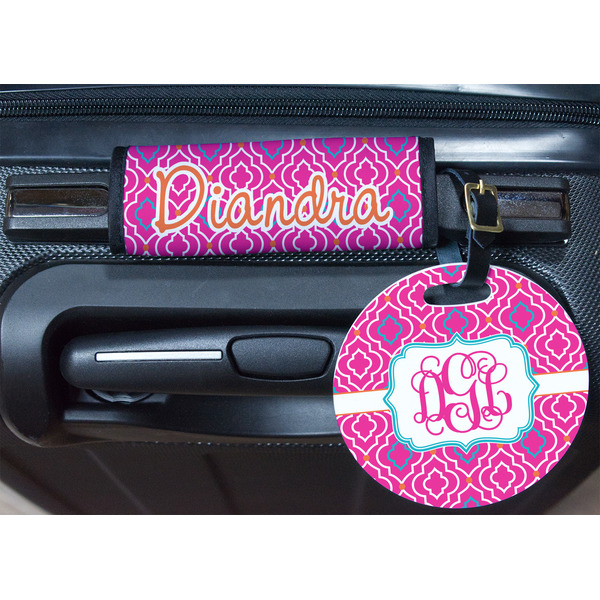 Colorful Trellis Round Luggage Tag & Handle Wrap - In Context