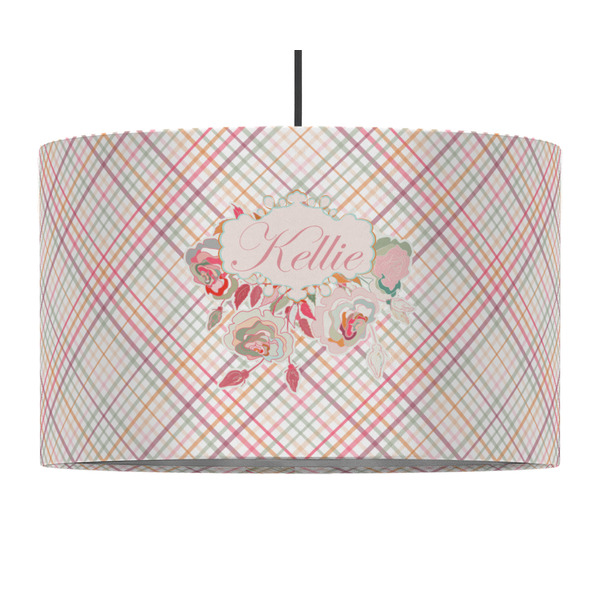 Custom Modern Plaid & Floral 12" Drum Pendant Lamp - Fabric (Personalized)
