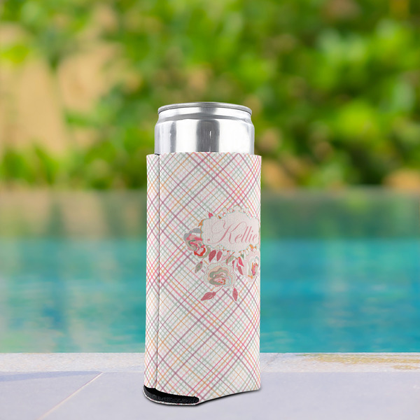 Modern Plaid & Floral Can Cooler - Tall 12oz - In Context