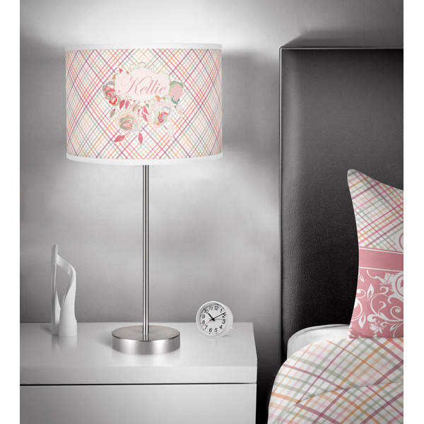 Modern Plaid & Floral 13 inch drum lamp shade - in room