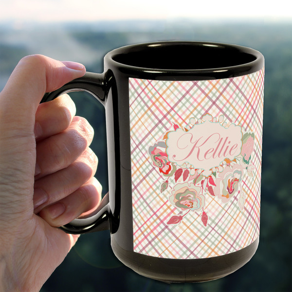 Modern Plaid & Floral 15oz. Black Mug - LIFESTYLE