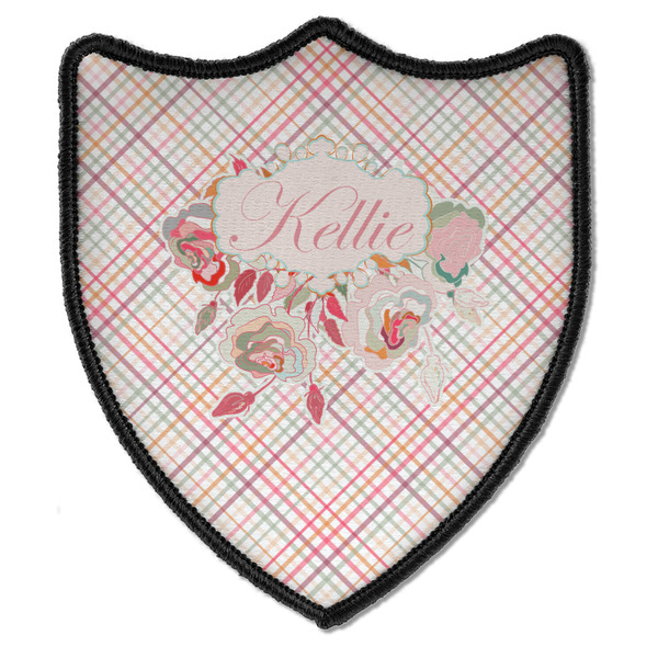 Custom Modern Plaid & Floral Iron On Shield Patch B w/ Name or Text