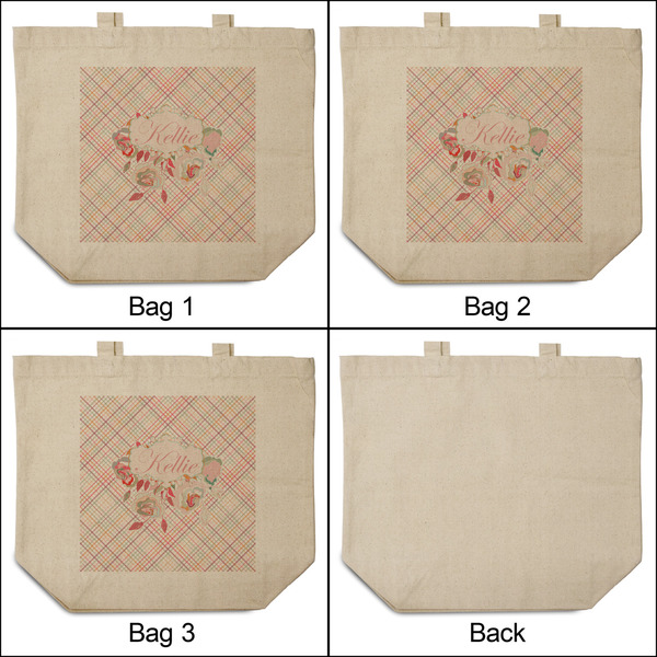 Modern Plaid & Floral 3 Reusable Cotton Grocery Bags - Front & Back View