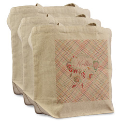 Modern Plaid & Floral Reusable Cotton Grocery Bags - Set of 3 (Personalized)