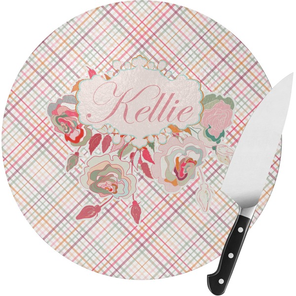 Custom Modern Plaid & Floral Round Glass Cutting Board - Small (Personalized)