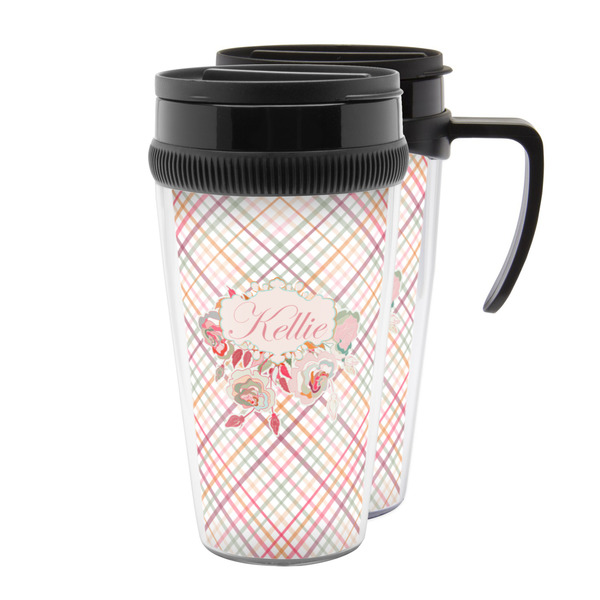 Custom Modern Plaid & Floral Acrylic Travel Mug (Personalized)