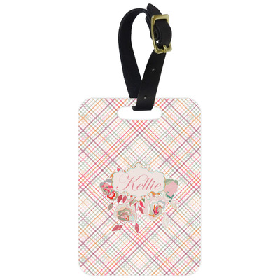 Modern Plaid & Floral Metal Luggage Tag w/ Name or Text
