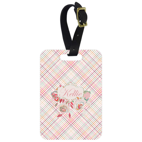 Custom Modern Plaid & Floral Metal Luggage Tag w/ Name or Text