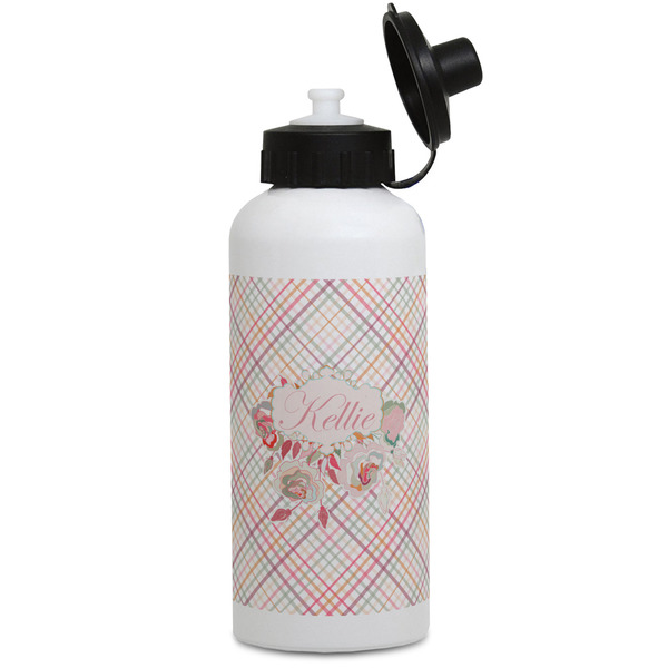 Custom Modern Plaid & Floral Water Bottles - Aluminum - 20 oz - White (Personalized)