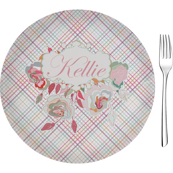 Custom Modern Plaid & Floral 8" Glass Appetizer / Dessert Plates - Single or Set (Personalized)